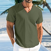 preiswerte Baumwoll-Leinen T-Shirts-Herren T-Shirt Leinen-T-Shirt Kurze Ärmel V Ausschnitt Sommer Einfach Mode Designer Basic Weich Urlaub Alltagstauglich Strand Hellblau Weiß Rosa Top T-Shirt für Herren