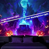 cheap Halloween Garage Door Cover-Halloween Blacklight Tapestry Witch Castle UV Reactive Glow in the Dark Forest Trippy Mountain Misty Graveyard Ghost Hanging Tapestry Wall Art Mural for Living Room Bedroom