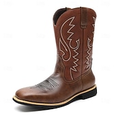 abordables Cowboy et bottes occidentales-Bottes de cowboy classiques en similicuir marron pour homme avec tige brodée – bottes d&#039;équitation de style western pour ranch et activités de plein air