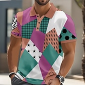 preiswerte Geometrisches Poloshirt für Herren-Herren Geometrisch Farbblock Polo Kurzarm Polo-Shirts Hemden mit Kragen Lässig Straße Athleisure Alltagskleidung Knöpfe Sommer Rosa Purpur Grün