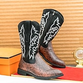 abordables Cowboy et bottes occidentales-Homme Bottes Bottes de Cowboy Rétro Chaussures en Peau de Serpent Marche ancien Occasionnel Cuir PU Confortable Antidérapant Chaud Bottes Mi-Mollet Mocassin Marron Noir / Rose