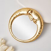 abordables esculturas de pared-Espejo de pared con cara de luna de resina dorada, espejo colgante artístico redondo para decoración de pared de fondo del hogar, espejo de maquillaje creativo para tocador, decoración de pared y