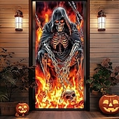 levne Halloweenové dveřní kryty-Halloween Dveřní Kryt – Kostlivec Žnec v Plamenech Banner na Vstup do Strašidelného Domu Hororová Venkovní Dekorace pro 2025 Halloween Ložnici Obývací Pokoj Koupelnu