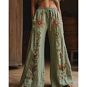  女性用 ワイドレッグ パンツ パラッツォパンツ ファッション ボヘミアン 全長 ハイウエスト フラワー ドローストリング 弾性ウエスト プリント 通気性 快適 ストリート デイリーウェア お出かけ ブルー グリーン ベージュ 春 秋 レギュラー