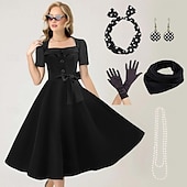 cheap Outfits-Women&#039;s A-Line Rockabilly Dress Polka Dots Swing Dress Flare Dress with Accessories Set 1950s 60s Retro Vintage with Headband Chiffon Scarf Earrings Pearl Necklace Gloves