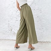 abordables jambe large et taille haute-Femmes Jambe large Slacks Streetwear Occasionnel Longueur complète Naturel Uni Avec Poches Taille Élastique Confortable Fête Week-end Rouille Vert printanier Noir Blanche Automne Coupe régulière