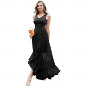preiswerte Bodenlänge-A-Linie Brautmutterkleid Elegant V Ausschnitt Asymmetrisch Chiffon Ärmellos mit Einfarbig 2025