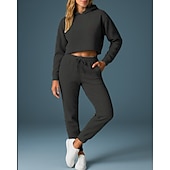 abordables Survêtements-Femmes Ensemble Survetement Jogging Pantalon Sweat-shirt à enfiler Cordon de serrage À capuche Couleur Unie Ensemble Vêtements Printemps Gris foncé Noir Salle de sport Extérieur Course Taille haute