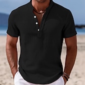preiswerte Urlaub-Herren Hemd Leinenhemd Stehkragenhemd Popover-Hemd Sommerhemd Strandbekleidung Einfach Urlaub Lässig Schwarz Weiß Gelb Rosa Kurzarm Stehkragen Sommer Bekleidung