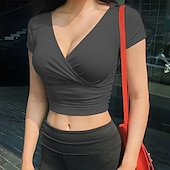 ieftine Topuri simple pentru femei-Pentru femei Bluză texturată Tricou Simplu Modă Modern Manșon scurt În V Topuri obișnuite Zilnic Negru Alb Gri Vară
