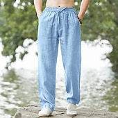 baratos Feriado-Homens Calças de linho Calças Calça verão Calças largas Cintura elástica Com Cordão Perna reta Tecido Conforto Respirável Comprimento total Ao ar livre Casual Diário Moda Estilo Clássico Preto Branco