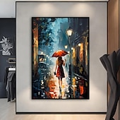 abordables Pinturas de paisajes-Lienzo pintado a mano de una chica en una ciudad lluviosa, con una chica en la calle bajo un paraguas y una lluvia, decoración abstracta, pared de una chica en la ciudad de Nueva York, arte de pared