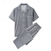 baratos Pijamas-Homens Roupa de Dormir Conjunto de Pijama Top e calça de pijama 1conjunto Listra Moda à moda Clássico Casa Diário De Cama Algodão Conforto Macio Respirável Lapela Manga Curta Camisa Social Calça