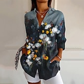 abordables Hauts d&#039;Art et de Design pour Femmes-Femmes Chemise Imprimé ancien Élégant manche longue Col en V Hauts Réguliers Quotidien Fête Sortir Boutons Imprimé Noir Bleu Kaki Gris Été