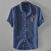 preiswerte Business Casual-Herren Leinenhemd Freizeithemd Baumwoll-Leinen-Hemd Knopfhemd Muster Urlaub Straße Weiß Dunkelmarine Himmelblau Khaki Kurzarm Revers Sommer Bekleidung Schnalle