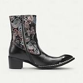 abordables Bottes en cuir haut de gamme-Bottes de motard western noires en cuir de vachette pour hommes avec broderie florale et bout en métal, style cowboy rétro pour la conduite à moto, les événements country et la mode festival