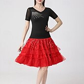 お買い得  ラテンダンスウェア-ラテンダンス スカート ピュアカラー スプライシング スパンコール 女性用 性能 訓練 半袖 ハイウエスト ポリエステル