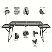 お買い得  キャンプ用品-高さ調節可能な折りたたみ式キャンプテーブル。2つのウィングパネルとメッシュトップを備え、屋外でのグリル、ピクニック、バーベキュー、ビーチ、キャンプに最適です。頑丈な金属製で拡張可能です。