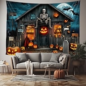 halpa halloween seinävaatteita-Halloween-kummitustalon seinävaate – Luuranko ja hohtava Jack-o&#039;-lantern-portaikkokohtaus pelottava yötaivas goottilainen tausta 2025 Halloween-olohuoneeseen makuuhuoneeseen juhlakoristeeksi