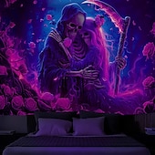 ieftine tapiserii de perete de Halloween-Tapiserie Hallaoween cu lumină neagră, reactivă UV, care strălucește în întuneric, pădure, munte trippy, cețos, cimitir, fantomă, tapiserie suspendată, artă murală pentru perete, living, dormitor
