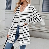 abordables Cardigans et vêtements d&#039;extérieur-Femmes Pull Cardigan Mode Streetwear Quotidien Rayé Côtelé Ouvert devant Tricoté manche longue Hauts Longs Tricoter Fête Sortir Week-end Blanc / Noir Noir Automne Hiver