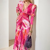 preiswerte Boho Kleider-Damen Midikleid Shiftkleid A Linie Kleid Urlaub Lässig Boho Outdoor Ausgehen Strand Normale Passform Ombre Grafik Langarm V Ausschnitt Rote Sommer Frühling Herbst