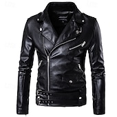 voordelige Nepleer jas-Voor heren Jas van imitatieleer Bikerjack Motorjas Vakantie Dagelijks Winddicht Houd Warm Zak Herfst Winter Effen Modieus Klassiek Revers Normaal Zwart Jacks