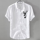 baratos Casual de negócios-Homens Camisa de linho Camisa casual Camisa de algodão e linho camisa de botão Animal Modelado Férias Roupa Diária Branco Azul Marinho Escuro Azul Céu cáqui Manga Curta Lapela Todas as Estações Roupa