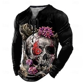 baratos Camisetas de Halloween-Camiseta masculina de Halloween com caveira 3D da Sarah Richter, camiseta Henley de manga comprida, estampa 3D, camiseta Henley com cadarço, moda casual, vintage e retrô