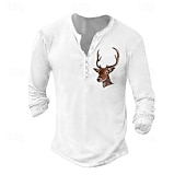 preiswerte Lässiges Henley-T-Shirt-Herren Henley Hemd T-Shirt Langarmshirt Langarm Henley Sommer Herbst Muster Hirsch Mode Designer Mode Jahrgang Urlaub Straße Ausgehen Dunkelgrau Schwarz Weiß Top T-Shirt für Herren