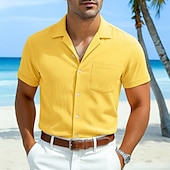 economico Vacanza-Per uomo Camicia bianca di cotone Camicia Estiva Camicia casual Camicia in cotone e lino Camicia con colletto cubano Semplice Vacanza Casuale Nero Giallo Blu marino Verde Manica Corta Collo Camp