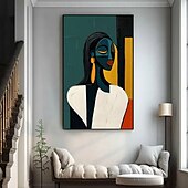 abordables Peintures portraits-Peinture de portrait abstrait moderne faite à la main peinte à la main avec un contraste chromatique audacieux - peintures à l&#039;huile géométriques figure féminine en or cobalt figure pour peinture