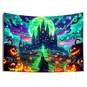 cheap Halloween Garage Door Cover-Halloween Blacklight Tapestry Witch Castle UV Reactive Glow in the Dark Forest Trippy Mountain Misty Graveyard Ghost Hanging Tapestry Wall Art Mural for Living Room Bedroom