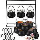 cheap Figurines &amp; Ornaments-Halloween Cauldrons Serving Bowl Decor, Set of 3/6/9 Hanging Black Plastic Cauldron Bowls with Iron Rack, Large and Mini Cauldrons Candy Bucket Punch Bowls for Table Witch Hocus Pocus Party