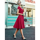 abordables Robes-Rétro Vintage Années 1950 Rockabilly Midi Robe Robe trapèze Robe Évasée Ajusté &amp; Évasé Col en V Femmes Halloween Carnaval Saint-Valentin Occasionnel Retour à la maison Soirée à thème rétro Adulte Robe