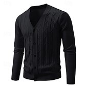 cheap Men&#039;s Cardigan Sweater-Men&#039;s Cardigan Sweater Cropped  Sweater Knit Sweater Ribbed Knit Regular Tops Buttons Jacquard Plain V Neck Fashion Classic Vacation Daily Wear Clothing Apparel Fall Winter Black Navy Blue S M L
