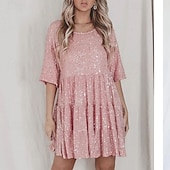 economico Abiti con paillettes-Per donna Mini Abito Abito con Paillettes Abito da Cocktail Moda Moderno Festa serale Cocktail party Vestibilità regolare Semplice Manica Corta Girocollo Argento Grigio nero Nero Bianco Estate