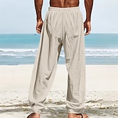 cheap Holiday-Men&#039;s Linen Pants Trousers Summer Pants Beach Pants Pocket Elastic Waist Drawstring Plain Comfort Breathable Vacation Daily Holiday Hawaiian Boho White Dark Red