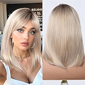 abordables Pelucas sintéticas de moda-Peluca rubia corta con flequillo, estilo bob ombré, de 14 pulgadas, recta, con flequillo, para mujer, de aspecto natural, sintética, resistente al calor, para uso diario.