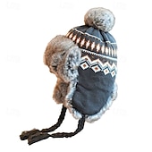 cheap Hats-Stretch Knit Plush Winter Hat with Detachable Ear Flaps &amp; Pom-Pom - Grid Pattern, Adjustable Drawstring for Outdoor Sports, Christmas Holiday - Black/White/Blue/Red, Winter Accessories