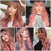 economico Parrucche da festa-Parrucca sintetica da donna, lunga, ondulata, nera, sfumata, rosa con frangia soffice, leggera, per feste in cosplay