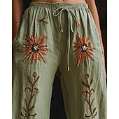  女性用 ワイドレッグ パンツ パラッツォパンツ ファッション ボヘミアン 全長 ハイウエスト フラワー ドローストリング 弾性ウエスト プリント 通気性 快適 ストリート デイリーウェア お出かけ ブルー グリーン ベージュ 春 秋 レギュラー