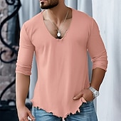preiswerte Baumwoll-Leinen T-Shirts-Herren Baumwoll-Leinen-Hemd T-Shirt Langarmshirt Langarm V Ausschnitt Sommer Frühling Einfarbig Täglich Lässig Trendy V-Ausschnitt Outdoor Straße Lässig Weiß Rosa Blau Top T-Shirt für Herren