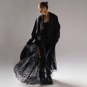 abordables Jupes unies-Femmes Jupe Trapèze Évasé Élégant ancien Sexy Longue Maxi Taille Moyenne Jupes Dentelle A Volants Patchwork Non Elastique École Performance Noir Printemps, Automne, Hiver, Été Nylon