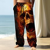 economico Pantaloni casual stampati da uomo-Per uomo Pantaloni Pantaloni Larghi Pantaloni casual Coulisse elastica in vita Pantaloni tipo lino con tasche Teschio Fiamma Lunghezza intera All&#039;aperto Ferie Gotico punk oscuro Nero / Rosso