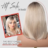 abordables Pelucas sintéticas de moda-Peluca rubia corta con flequillo, estilo bob ombré, de 14 pulgadas, recta, con flequillo, para mujer, de aspecto natural, sintética, resistente al calor, para uso diario.