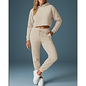 abordables Survêtements-Femmes Ensemble Survetement Jogging Pantalon Sweat-shirt à enfiler Cordon de serrage À capuche Couleur Unie Ensemble Vêtements Printemps Gris foncé Noir Salle de sport Extérieur Course Taille haute