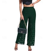abordables jambe large et taille haute-Femmes Jambe large Slacks Streetwear Occasionnel Longueur complète Naturel Uni Dentelle Patchwork Taille Élastique Confortable Fête Sortir Vert translucide Noir Blanche Bleu de minuit Automne Coupe
