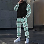 billiga Herrars 3D-tröjset-Herr Färgblock 2st 3D-tröja set Träningsoverall Hoodie-tröja Långärmad Långa byxor Huva Ledigt vardag Fritids- 3D-utskrift Vår Höst Vinter Svart Rosa Blå