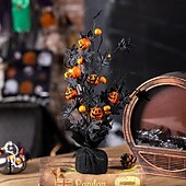 billige Halloween-kranser og blomsterdekorasjoner-Kunstig potteplante med halloween-gresskar og lønneblader, skummel dekorasjon med svart gresskartre, skummel halloween-borddekorasjon til hjem, fest, innendørs bruk